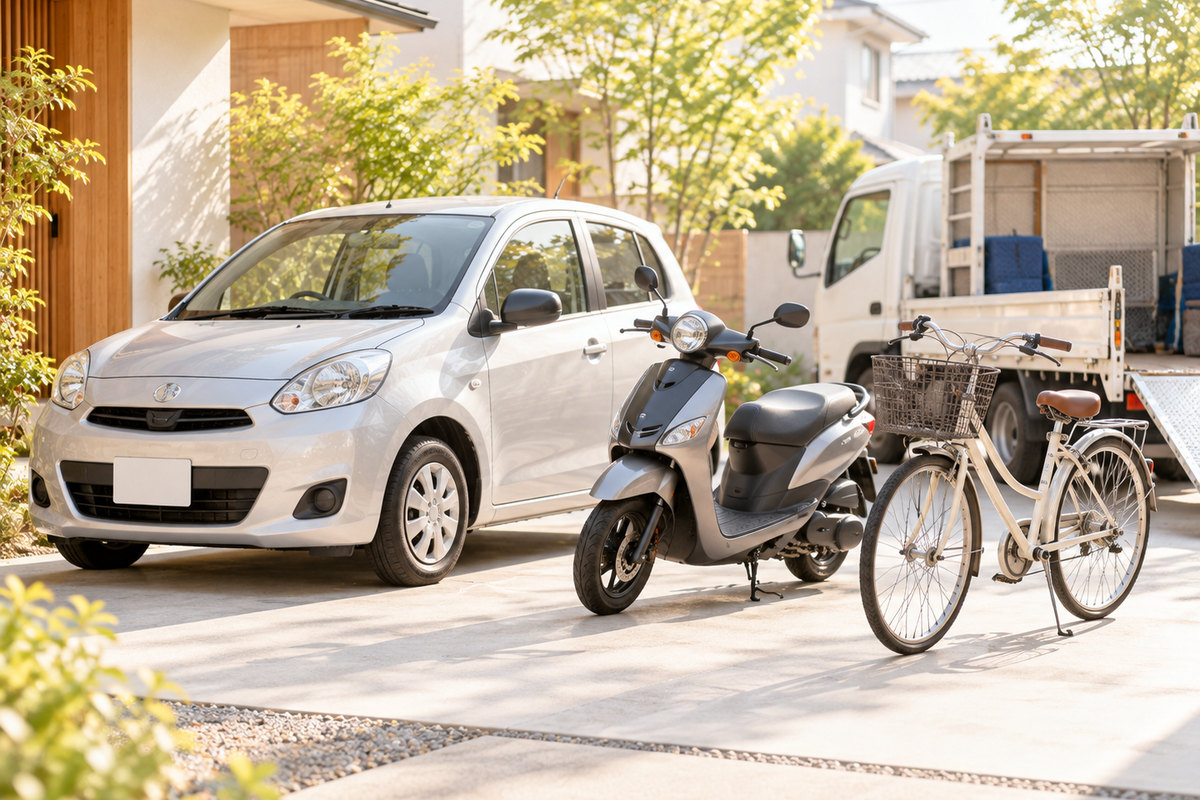 自動車とバイクと自転車が並ぶ住宅の駐車場のイメージ